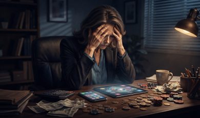 A woman sits at a desk with her head in her hands, surrounded by scattered cash and gambling chips, while looking at electronic devices.