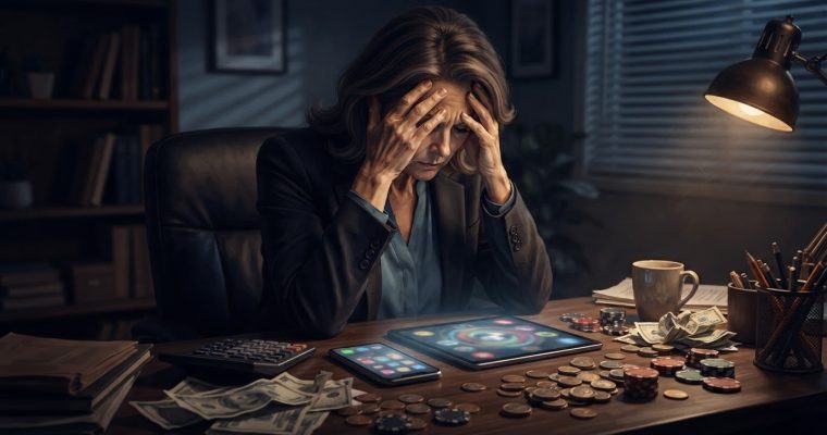 A woman sits at a desk with her head in her hands, surrounded by scattered cash and gambling chips, while looking at electronic devices.