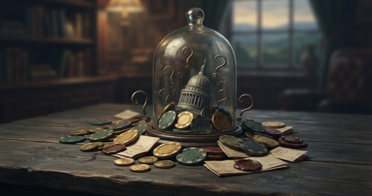 A miniature model of the United States Capitol dome sits under a glass cloche surrounded by gambling chips and scattered documents on a wooden desk.