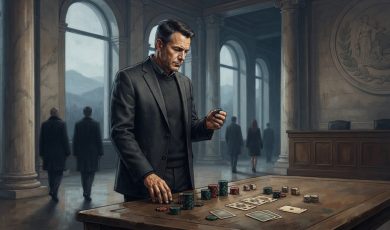 A man in a suit stands at a wooden table covered with gambling chips, playing cards, and dice inside a grand, courtroom-like hall.