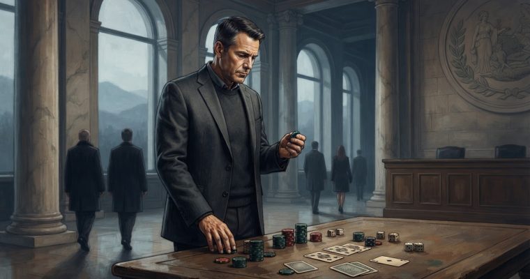 A man in a suit stands at a wooden table covered with gambling chips, playing cards, and dice inside a grand, courtroom-like hall.