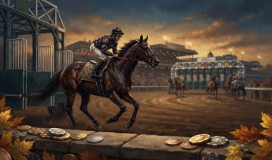 A racehorse and jockey run on a dirt track at sunset with a starting gate in the background and gaming chips in the foreground.