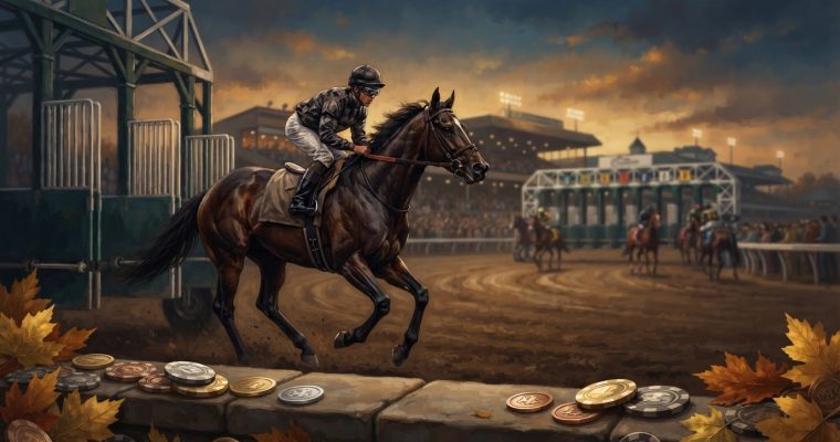 A racehorse and jockey run on a dirt track at sunset with a starting gate in the background and gaming chips in the foreground.