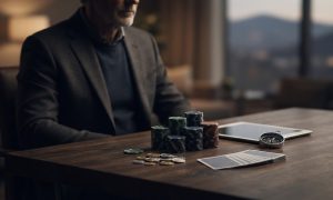 A man in a suit sits at a desk with stacks of casino chips, a deck of cards, and a compass.