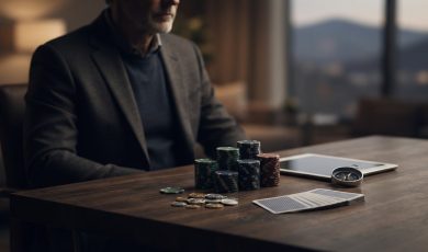 A man in a suit sits at a desk with stacks of casino chips, a deck of cards, and a compass.