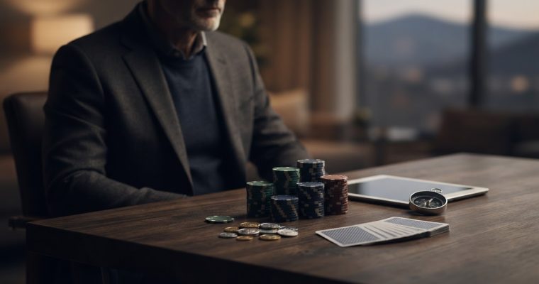 A man in a suit sits at a desk with stacks of casino chips, a deck of cards, and a compass.
