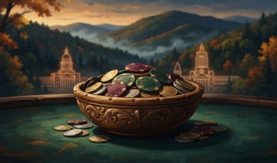 A decorative bowl filled with various casino poker chips sits on a green surface against a background of mountain scenery and building silhouettes.