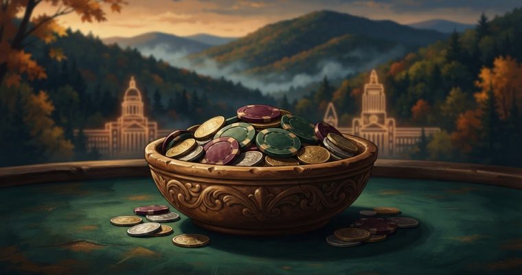 A decorative bowl filled with various casino poker chips sits on a green surface against a background of mountain scenery and building silhouettes.