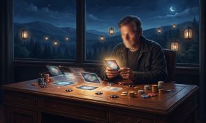 A man sits at a desk with stacks of casino chips while holding a glowing smartphone in a room overlooking a mountain landscape at night.