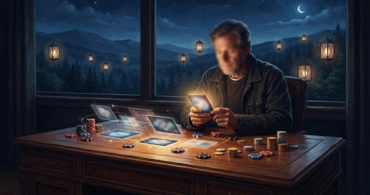 A man sits at a desk with stacks of casino chips while holding a glowing smartphone in a room overlooking a mountain landscape at night.