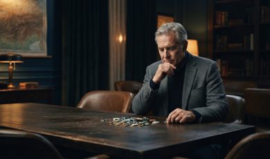 A middle-aged man in a suit sits at a dark wooden table in a dimly lit study with a pile of casino chips in front of him.