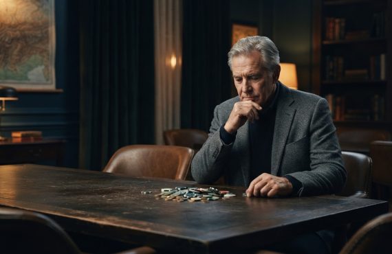 A middle-aged man in a suit sits at a dark wooden table in a dimly lit study with a pile of casino chips in front of him.
