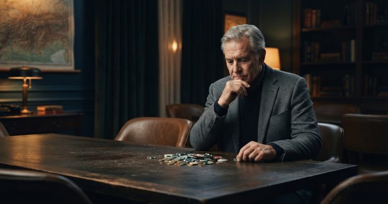 A middle-aged man in a suit sits at a dark wooden table in a dimly lit study with a pile of casino chips in front of him.