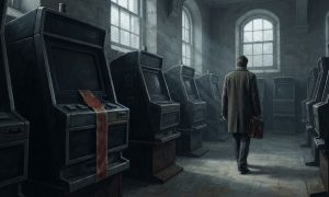 A man in a coat holding a briefcase walks through a dim, stone room filled with rows of video lottery machines.