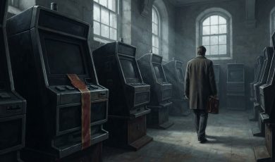 A man in a coat holding a briefcase walks through a dim, stone room filled with rows of video lottery machines.