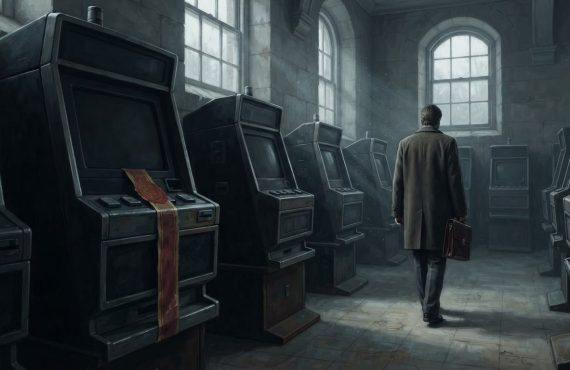 A man in a coat holding a briefcase walks through a dim, stone room filled with rows of video lottery machines.