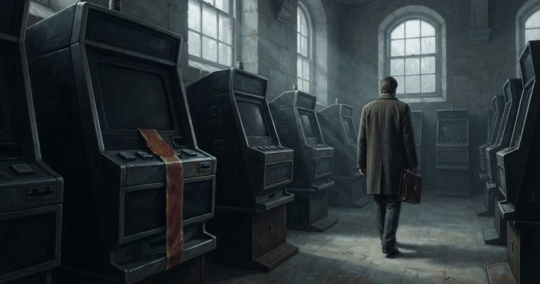 A man in a coat holding a briefcase walks through a dim, stone room filled with rows of video lottery machines.