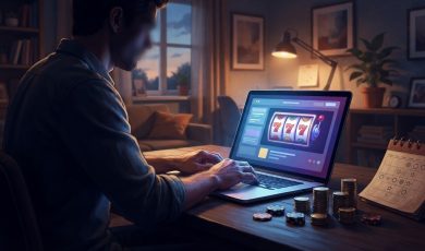 A person sits in a dimly lit room at a desk using a laptop that displays an online slot machine game with stacks of casino chips nearby.