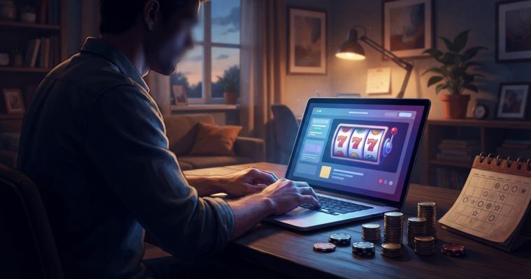 A person sits in a dimly lit room at a desk using a laptop that displays an online slot machine game with stacks of casino chips nearby.