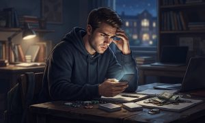 A distressed student sits at a desk at night, illuminated by a smartphone, surrounded by playing cards, poker chips, and stacks of cash.