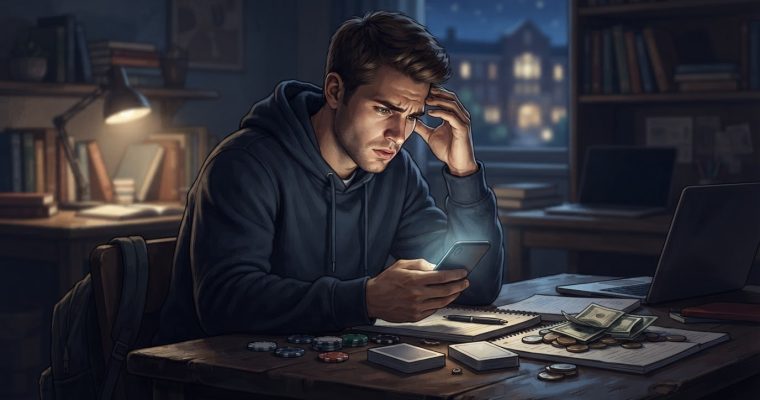 A distressed student sits at a desk at night, illuminated by a smartphone, surrounded by playing cards, poker chips, and stacks of cash.